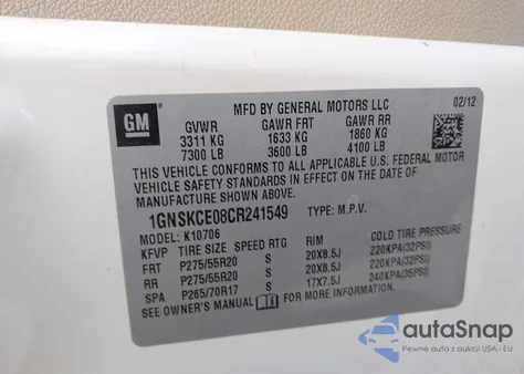 2012 Chevrolet Tahoe Ltz z USA, uszkodzony, nr VIN 1GNSKCE08CR241549